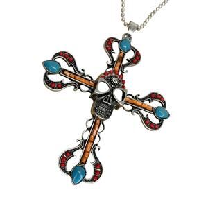 Halloween Skull Cross Charm Necklace Faux Turquoise Silver Tone Crystal Playboy